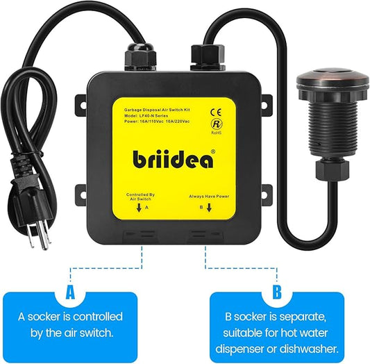 Garbage Disposal Air Switch Kit Dual Outlet Sink Top Waste Disposal Stainless Steel Oil Rubbed Bronze On/Off Air Button Food and Waste Disposals Part by Briidea, UL Listed