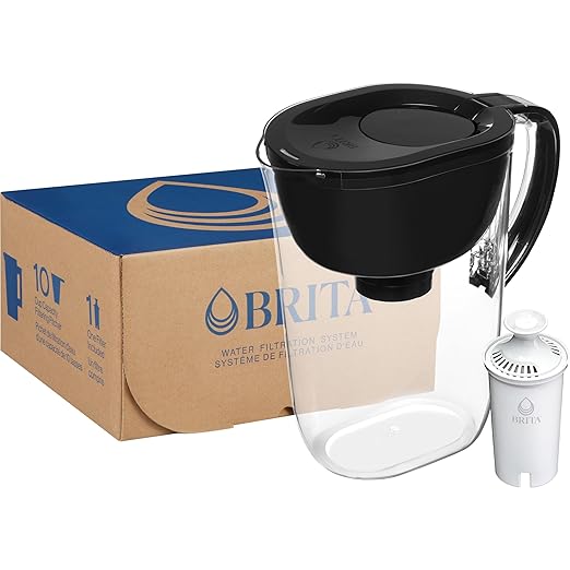 Brita Large 10-Cup Water Filter Pitcher, WQA NSF/ANSI Certified, Removes Chlorine Taste & Odor, Reduces Zinc, Copper & Mercury, 1 Standard Filter, Lasts 2 Months, Black