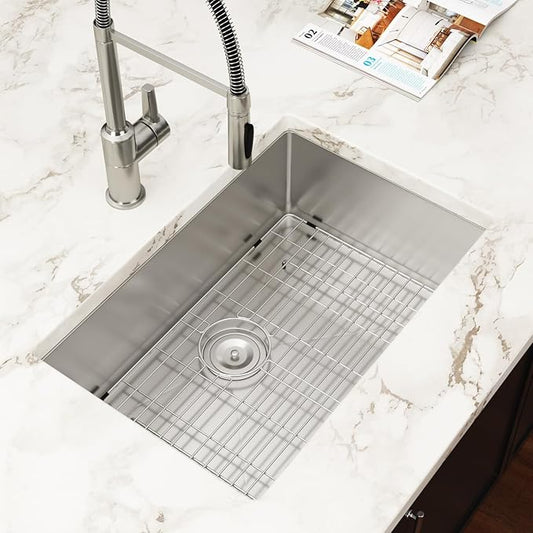 27 Inch Undermount Kitchen Sink 27x18 Stainless Steel Single Bowl Kitchen Sinks 16 Gauge Under Counter Round Corner Handmade Sinks Basin, 27x18x9 Inch