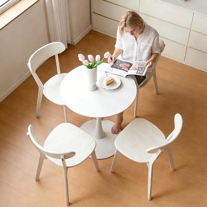 White Solid Wood Dining Chair,FAS Grade Oak Dining Chair Single,Sturdy Curved Backrest & Outer Sword-Leg Design in White Finish for Dining Room,Cafe, and Modern Home Kitchen,400 lb Capacity
