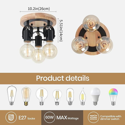 SEEBLEN 3-Light Round Flush Mount Ceiling Light,Rustic Ceiling Track Lighting with Wooden Base, Adjustable Multi-Directional Kitchen Light fixtures for Dining Room Hallway Entryway Bedroom.
