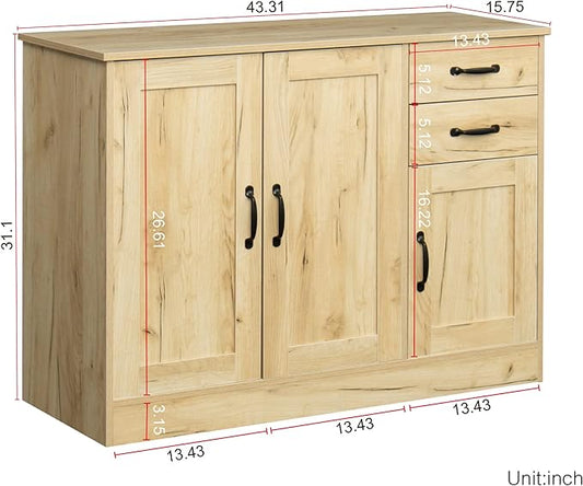 43" Modern Wood Sideboard Buffet Cabinet with Storage,Coffee Bar Cabinet with 2 Doors,Kitchen Island Storage Cabinets with 2 Drawers,Entryway Cabinet with Movable Shelves,Dining Room Console (Oak)