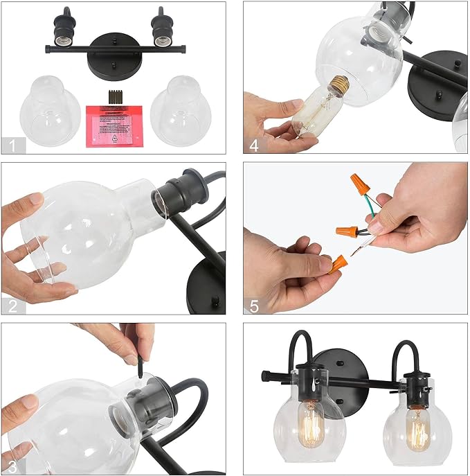 KSANA Black Bathroom Light Fixtures, 2-Light Modern Farmhouse Black Vanity Lights with Clear Glass Shade Over Mirror for Hallway, Kitchen, Bedroom, and Living Room