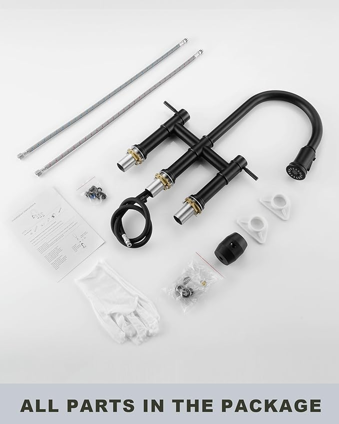 Bridge Faucet for Kitchen Sink: iVIGA Black Farmhouse 3 Hole Kitchen Faucet with Pull Down Sprayer (3 Spray Modes) - 2 Handle High Arc Brass Faucet with 360° Swivel, with Supply Lines