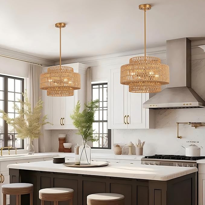 18 Inch Boho Chandeliers for Dining Room 4-Lights Black Farmhouse Light Fixtures Large Pendant Light Hand Woven Dining Table Light Fixture Rattan Hanging Lamp for Kitchen Island