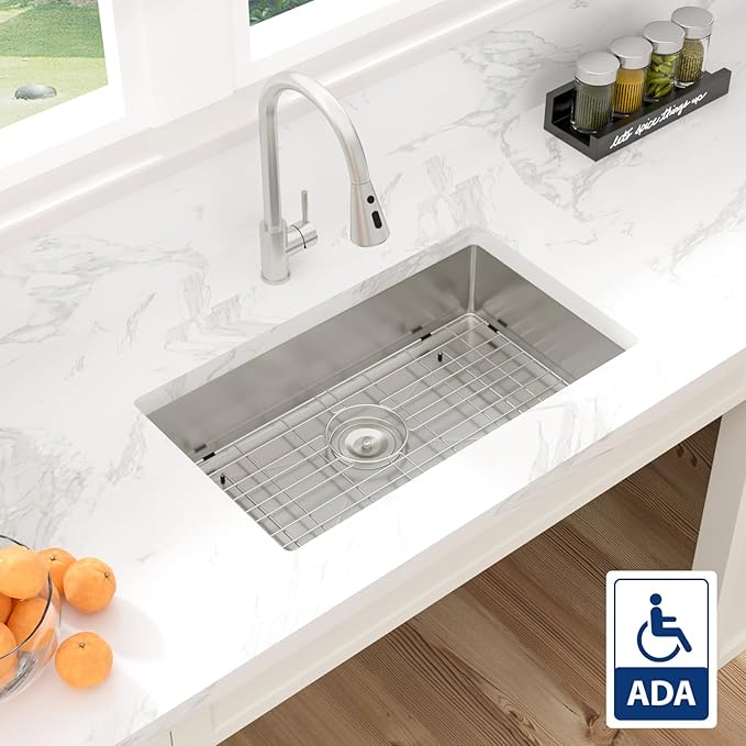 Sarlai ADA Undermount Kitchen Sink, 32 Inch Undermount Workstation Kitchen Sink 6-Inch Low Depth ADA Compliant Single Bowl 16 Gauge Stainless Steel 32x19 Inch Under Mount Handmade Sinks Basin