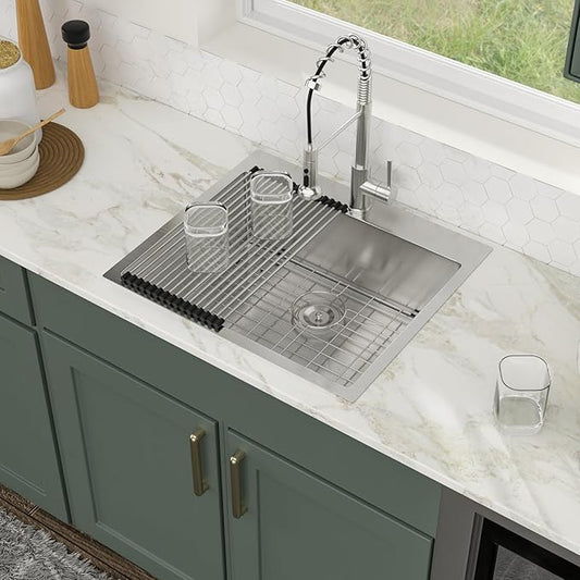 Logmey 25 Inch Drop In Kitchen Sink - 25x22 In Handmade Stainless Steel Kitchen Sinks 16 Gauge Topmount Sink Single Bowl Round Corner Sink Bar Sink Prep 25x22x9 Inches