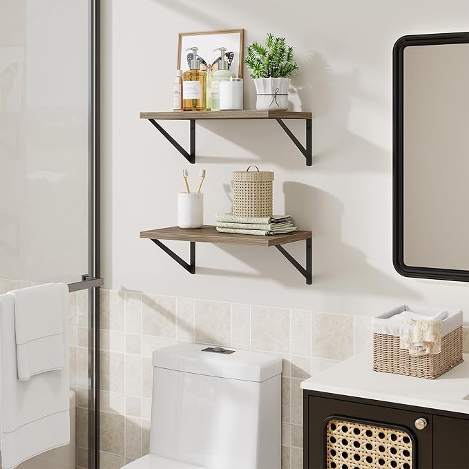 Acovy Floating Shelves for Wall,18" Wall Mounted Shelves Set of 2,Wood Floating Shelf with Bracket,Sturdy Metal Bracket Bookshelves Home Decor Storage for Living Room,Bedroom,Bathroom,Kitchen,Grey