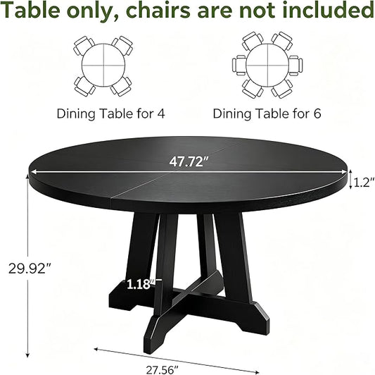 GarveeHome Round Dining Table for 4, 47 Inches Dining Room Table with Wooden Base, Kitchen Table with Circle Tabletop, Dinner Table for Dining Room, Kitchen, Living Room, Black
