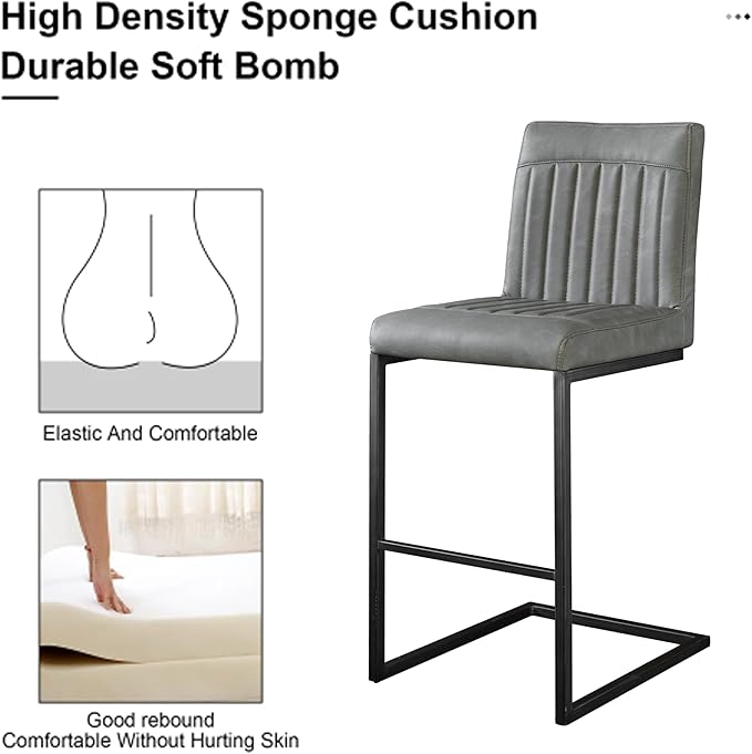 26" Counter Height Bar Stools Set of 2, Modern Upholstered Chairs with Vertical Tufted Backrest & Footrest, Metal Frame for Kitchen Island, Home Bar (Gray PU Leather)