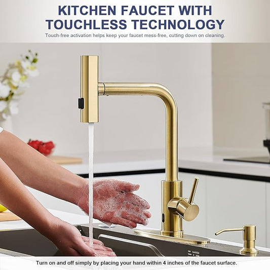 AVSIILE Brushed Gold Touchless Kitchen Faucets with Pull Down Sprayer & Soap Dispenser, Waterfall Single Hole & Handle, Pull Out Sink Faucet, Suitable for Farmhouse Camper Laundry Rv Bar