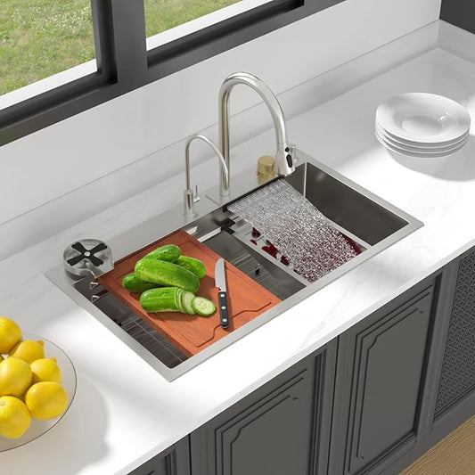 Lordear 33x19x9 Inch Waterfall Kitchen Sink Drop In Topmount Stainless Steel T304 16 Gauge Single Bowl Workstation Sinks with Built-in Accessories, Glass Rinser and Faucet Included