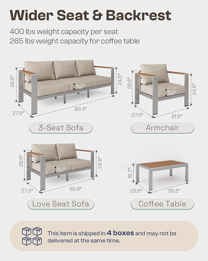 Aluminum Outdoor Patio Furniture Armchair, All-Weather Outdoor Patio Sofa with Washable Thick Cushion, Patio Sofa Couch Set of 2 for Porch, Balcony, Deck, Yard, Silver