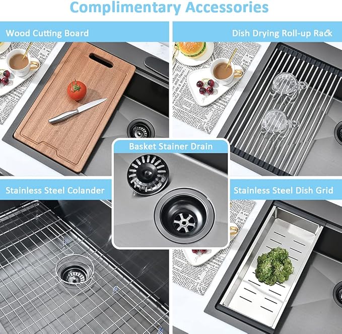 33 Black Drop In Kitchen Sink Workstation-Bokaiya 33x22 Drop In Sink Black Stainless Steel 16 Gauge 10 Inch Top Mount Workstation Sink with Cutting Board, Easy Install and Water Drain Fast