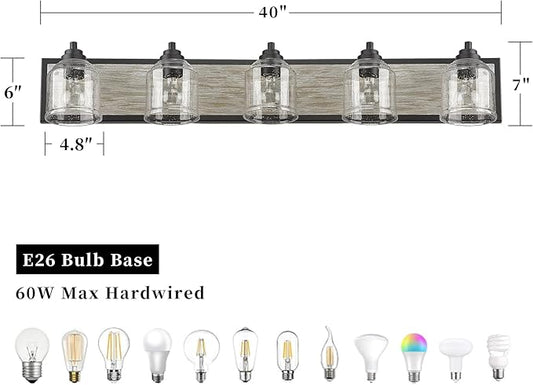 Vanity Lights for Bathroom Large 40", Farmhouse Rustic Vanity Light with Bubble Glass Shades, Gray 5 Light Bathroom Lighting Fixtures Over Mirror, Bath Wall Sconce Home Decor