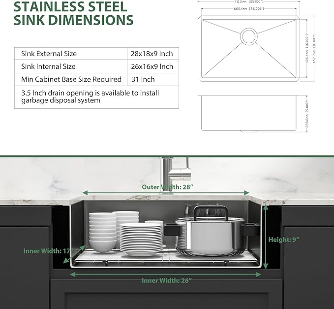Black Undermount Kitchen Sink 28 Inch - Couoko Gunmetal Black Single Bowl Undermount Sinks 16 Gauge T304 Stainless Steel Large Deep NANO PVD Handmade Round Corner Kitchen Sinks 28"x18"x9"
