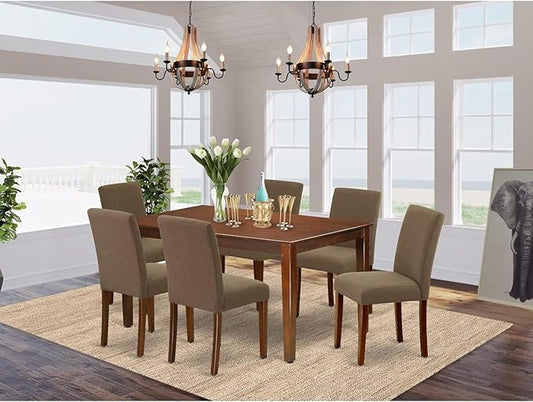 HomeStock 7 Piece Modern Dining Table Set Consist of a Rectangle Wooden Table and 6 Coffee Linen Fabric Upholstered Chairs, 36x60 Inch, Mahogany