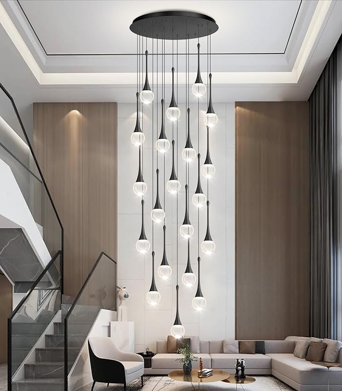 20 Light Crystal Chandelier for High Ceiling Dimmable LED Pendant Lights with Remote Adjustable Chandeliers for Staircase Foyer Living Room Black