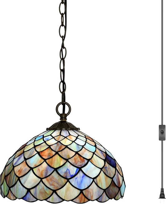 Tiffany Pendant Light Plug-in Stained Glass Hanging Lamp 12”x12”x181” Blue Fish Scales Swag Light Decorative Vintage Lighting for Dining Room Living Room Kitchen Hallway Bedroom