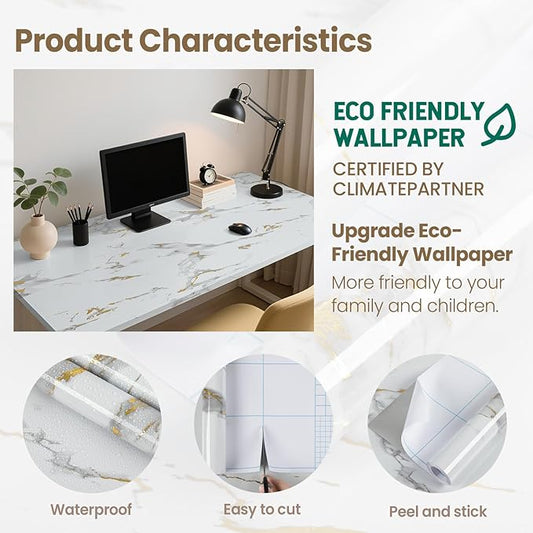 practicalWs Glossy Marble Wallpaper Peel and Stick White/Gold Granite Contact Paper Removable Wall Paper for Kitchen Countertop Cabinet Furniture 35.4" x 118"