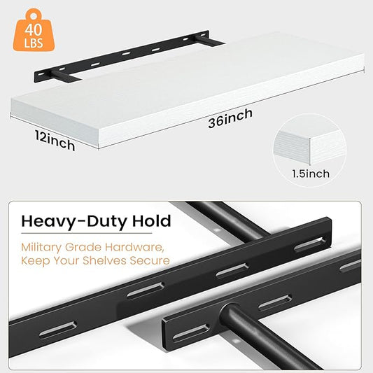 36 Inch White Floating Shelves for Wall, 12 Inch Deep Shelves for Bedroom, Kitchen, Bathroom Wall Mounted, Rustic Wood Floating Shelf with Invisible Brackets for Books, Storage, Decor, 2 Pack