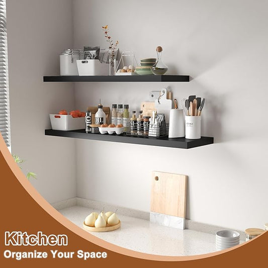 12 Inch Deep Floating Shelves for Wall 2 Pack Floating Shelfs Large Storage Space Wall Decor Display Shelf for Bathroom Living Room Bedroom Kitchen 36" W x 12" D x 1.2" H Black
