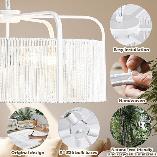 24” Rattan Chandelier, 5-Light Large Hand Woven Boho Chandelier with Fabric Shade, Farmhouse Light Fixtures for Dining Room & Kitchen Island (White, 24")