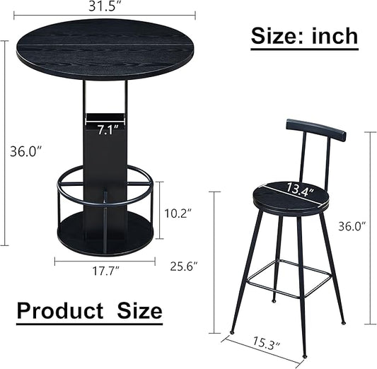 SOFTSEA 3 Pieces Round Bar Height Table and Chairs Set, Round Dining Table Set with Storage, Wood Pub Table and Chairs for Small Space, Black