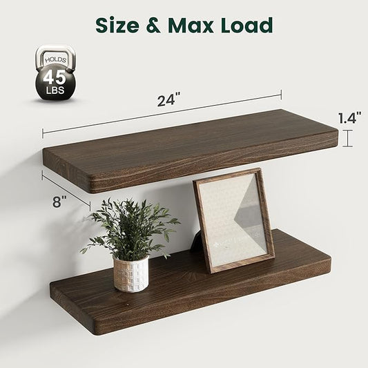 24 Inch Flat Edge Floating Shelves, 8 Inch Deep Solid Elm Wood Wall Shelf, Heavy-Duty Wall Mounted Shelf with Invisible Brackets for Living Room, Bathroom, Kitchen, Set of 2, Walnut Color
