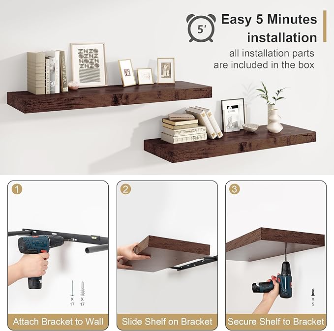 Heimlove 12" Deep Rustic Brown Floating Shelves,Over Toilet Long Wall Mounted Modern Farmhouse 36 inches,Wall Shelves with Invisible Brackets for Bedroom, Bathroom, Living Room, Kitchen, Set of 1