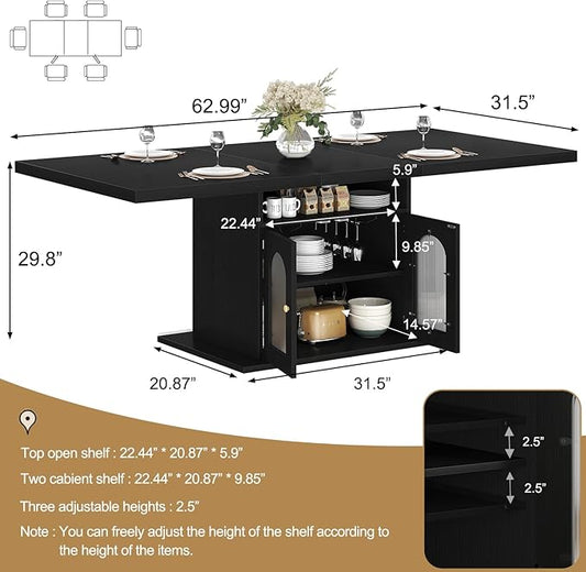 HSH Black Dining Table for 4 to 6, Modern Kitchen Dining Room Table with 3-Tier Storage Shelf and Acrylic Door Cabinet, Rectangular Wooden Dinner Tables for Home Kitchen Living Room, Black Oak,63 in