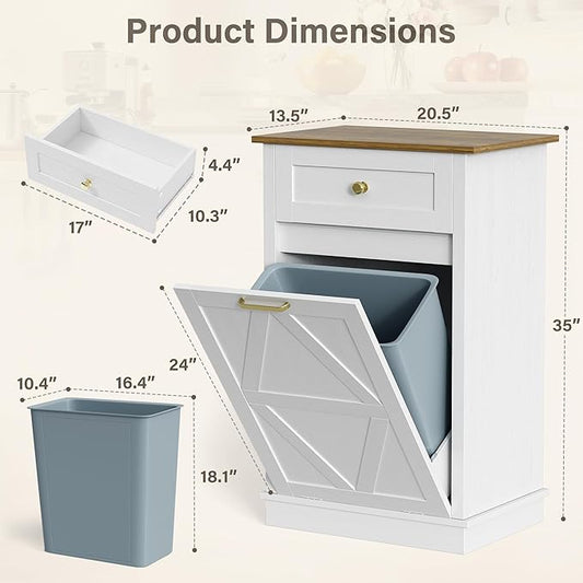 YESHOMY 10 Gallon Tilt-Out Trash Cabinet, Wooden Hidden Garbage Can Holder with Storage Drawers for Kitchen and Dining Room, White (2 Piece)