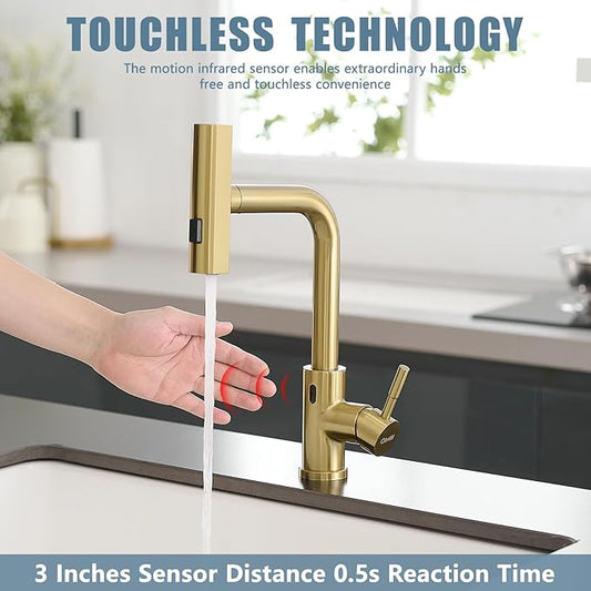 GIMILI Gold Touchless Kitchen Faucet with Pull Down Sprayer, 15” Hight Single Hole Handle Kitchen Sink Faucets