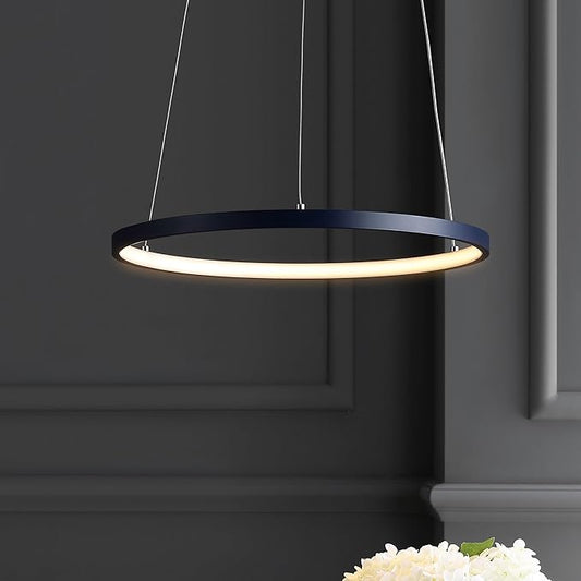 JONATHAN Y 15.75" Navy Modern Integrated LED Pendant Light, Dimmable Round Hoop Chandelier for Kitchen Island, Dining Room, Adjustable Height Metal Hanging Light (JYL7202F)
