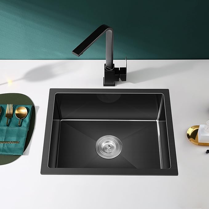 MENATT 22 inch Undermount Kitchen Sink Black, 18-Gauge Stainless Steel Handmade Single Bowl Kitchen Bar Sink Undermount, 22"x18"x9"