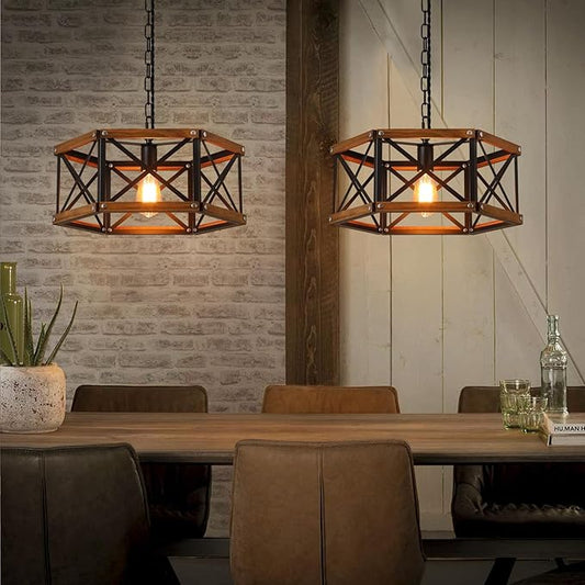 Rustic Farmhouse Large Plug in Pendant Light Fixture with Adjustable Chain, Dimmable Switch, 17.8 inch Industrial Oak Wood and Metal Cage Hanging Lamp for Dining Room Kitchen Farmhouse Entry, Black