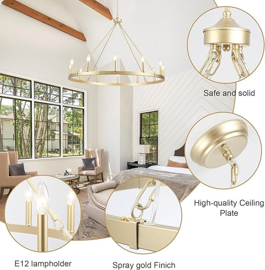 Gold Wagon Wheel Chandelier for Dining Room Light Fixture 12Light Gold Chandelier for Foyer 38inch 27-86" Height Adjustable Pendant Light for Flat Sloped Ceilings Dining Room Kitchen Island Entryway