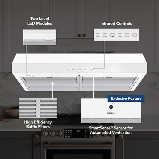 Broan-NuTone 30 Inch Glacier Under Cabinet Range Hood, ENERGY STAR, 490 Max Blower CFM - Electric Rangehood and Exhaust for Kitchen Stove Cooking and Ventilation, White