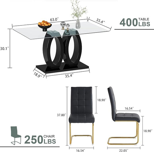 5-Piece Glass Dining Table Set, 63" Black Kitchen Table with O-Shape MDF Base, Dining Room Set for 4 with 4 Leather Upholstered Chair for Kitchen, Dining Room (Black,Gold)
