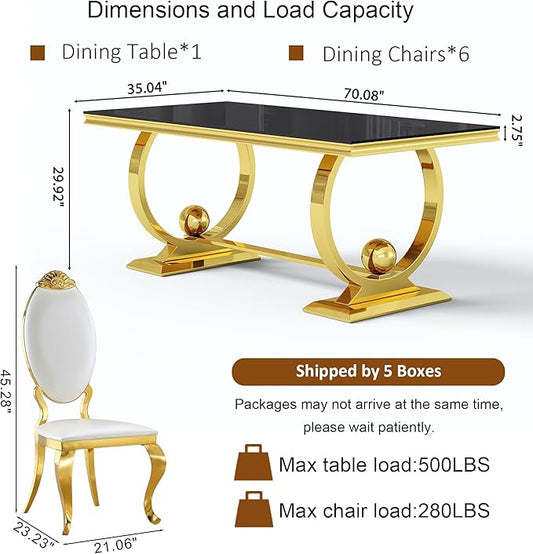 7-Piece Modern Dining Table Set, 70" Black Tempered Glass Kitchen Table with Gold Polished Stainless Steel U-Shaped Pedestal Base and 6 White PU Leather Chairs with Mirrored Legs, for Dining Room