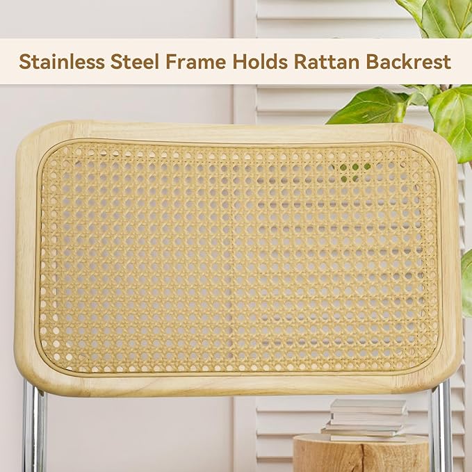 Velvet Upholstered Dining Chair Set of 4 Modern Breuer Designed Rattan Back Stainless Chrome Base Armless Dining Chairs for Kitchen Island, Restaurant,Apartment(White)