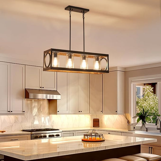 XINGQI 31.5" Industrial Rectangle Chandeliers for Kitchen Island Modern Farmhouse Vintage Linear Hanging 4-Light Fixture for Dining Room Living Room Office Black Wood Grain Finish with Glass Lampshade