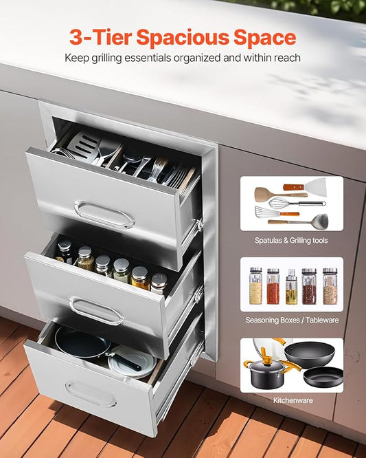 VEVOR Outdoor Kitchen Drawers 16" W x 28.5" H x 20.5" D, Flush Mount Triple Access BBQ Drawers with Stainless Steel Handle, BBQ Island Drawers for Outdoor Kitchens or BBQ Island Patio Grill Station