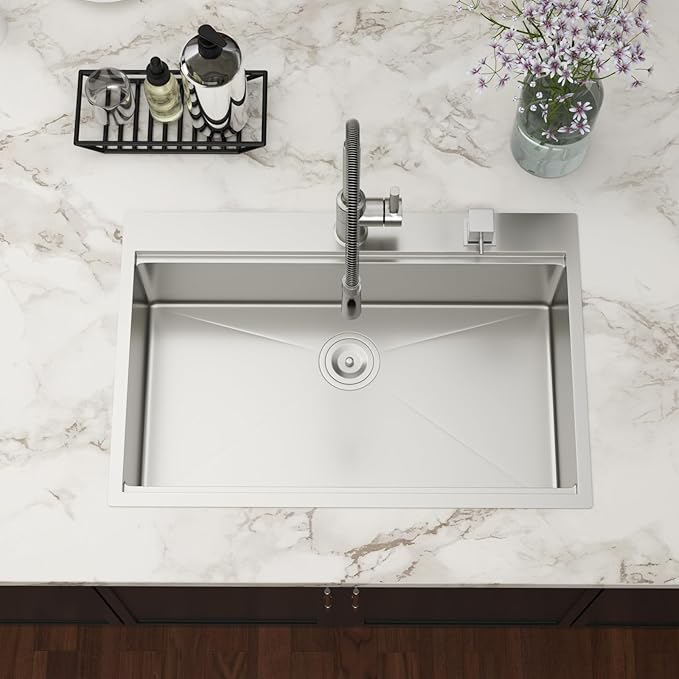 33x22 Drop In Kitchen Sink Workstation - Couoko 33 Inch 16 Gauge T304 Stainless Steel Drop In Sink Large Deep Handmade Single Bowl Kitchen Sinks with Accessories, 33"x22"x9"