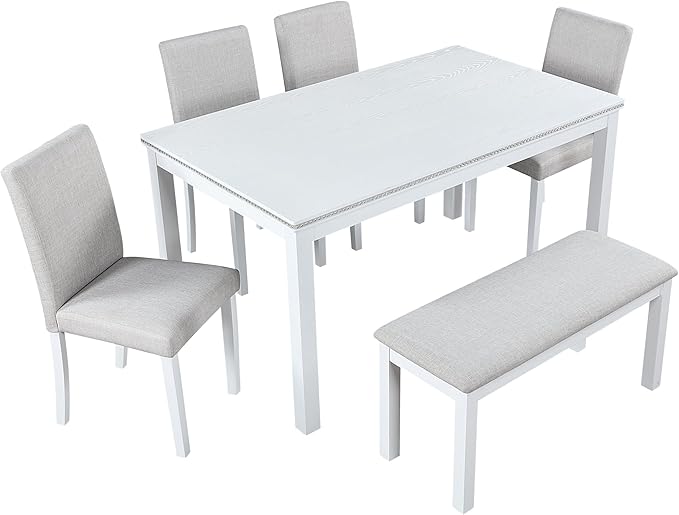 6 Piece Dining Table Set for 6, Rectangular Wooden Table with 4 Upholstered Chairs and 1 Bench, Elegant White Dining Room Set with Crystal Decoration