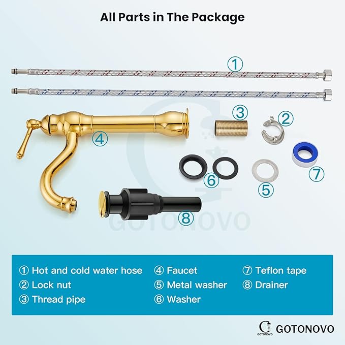 gotonovo Vessel Sink Faucet 360° Swivel Spout Single Handle Tall Bathroom Faucet 1 Hole Farmhouse Lavatory Washbasin Mixer Tap Matching Supply Hoses, with Pop Up Drain, Polish Gold