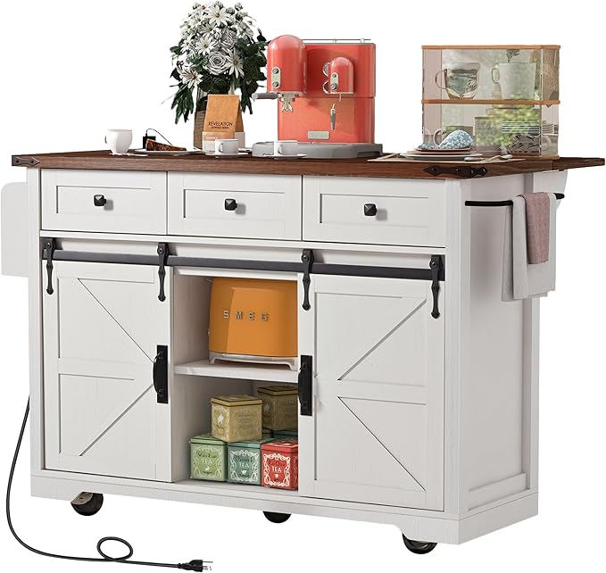 53.7" Farmhouse Kitchen Island with Power Outlet,2 Sliding Barn Door Storage w/Drop Leaf and Spice Rack Rolling Carts on Wheels & Metal Handle,for Home,Dining Room,White