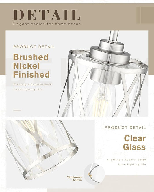 Beionxii Brushed Nickel Pendant Lights Kitchen Island, Glass Pendant Light Fixtures with Clear Glass and Rods, Kitchen Pendant Lighting Over Island for Sink, Dining Room, Entryway, BX-PL07BN