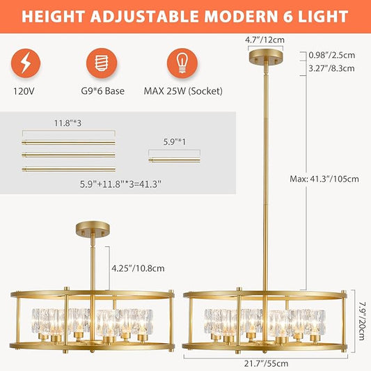 21.7" Round Gold Chandelier Ceiling 6-Light Modern Pendant Lighting Fixture Adjustable Height Chandeliers with Glass Lampshade for Bedroom Dining Room Kitchen Foyer