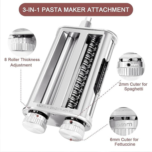 Pasta Maker Attachment for KitchenAid Stand Mixers, 3-in-1 Stainless Steel Pasta Roller & Cutter Set with Spaghetti and Fettuccine Blades, Includes 1 Metal Knob Screw Replacement